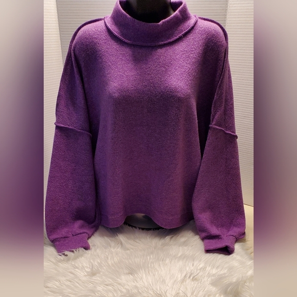 Zenana Brushed Melange Hacci Long Sleeve Sweater Mock Neck Relaxed Violet L/XL - Picture 2 of 7